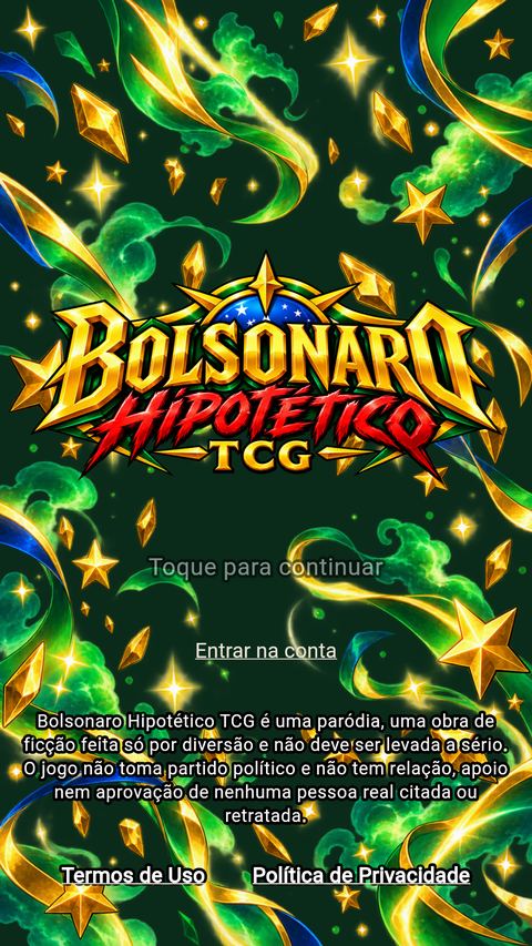 Tela inicial com a logo do jogo, o aviso de paródia e as opções Toque para continuar e Entrar na conta.