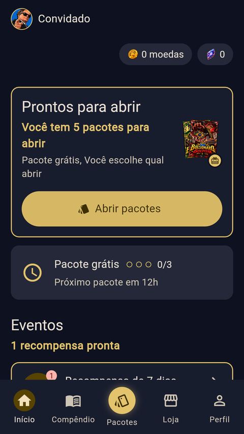 Tela Início do jogo: 5 pacotes prontos para abrir, o contador do próximo pacote grátis e um evento com recompensa pronta.