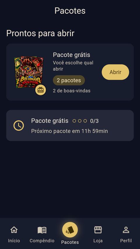 Tela Pacotes com 2 pacotes de boas-vindas para abrir e o contador do pacote grátis em 0 de 3.