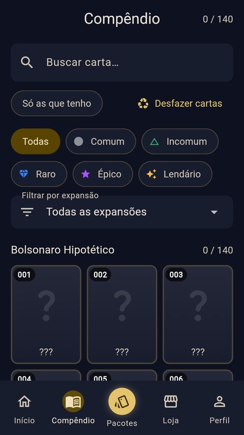 Compêndio com filtros por raridade e cartas ainda não descobertas marcadas com interrogação.