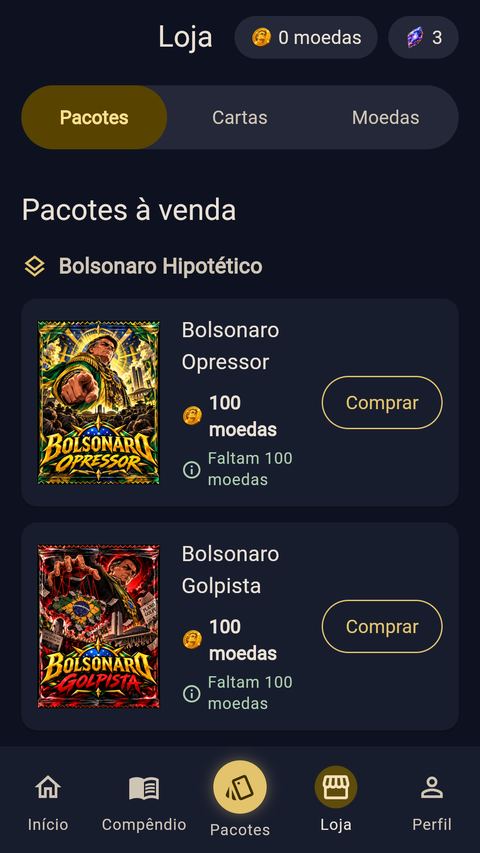 Loja com as abas Pacotes, Cartas e Moedas e dois pacotes que custam 100 moedas do jogo.