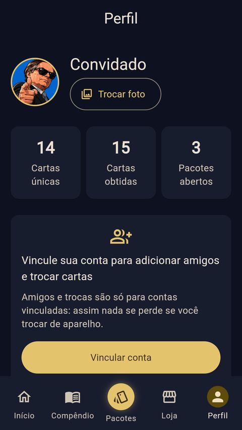 Perfil de convidado com avatar, números da coleção e o convite para vincular a conta e trocar cartas com amigos.